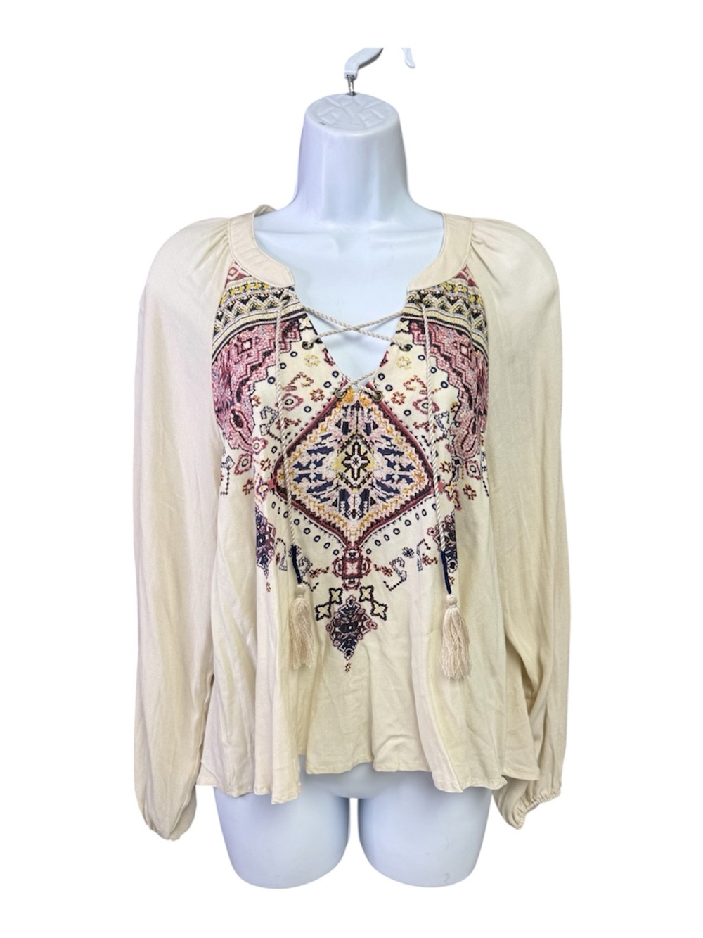 Fifteen size medium Embroidered Cream Boho Tunic Top with Tassel Tie Detail